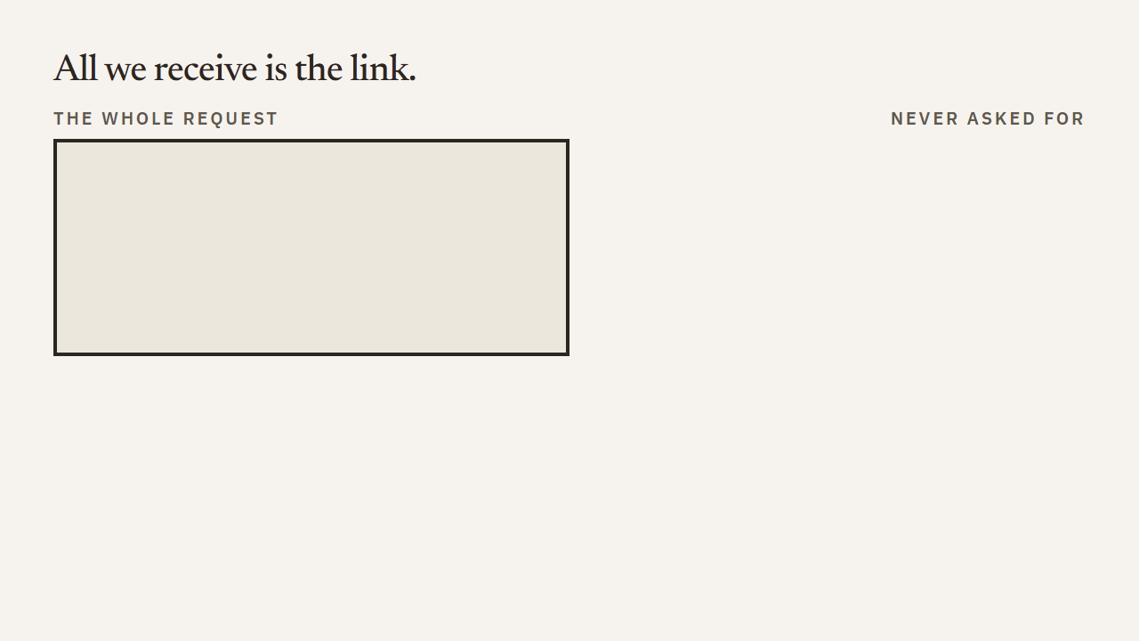 The whole request shown as three fields — url, method GET, empty body — beside a crossed-out list: no xHamster login, no account here, no uploaded file, no app to install.