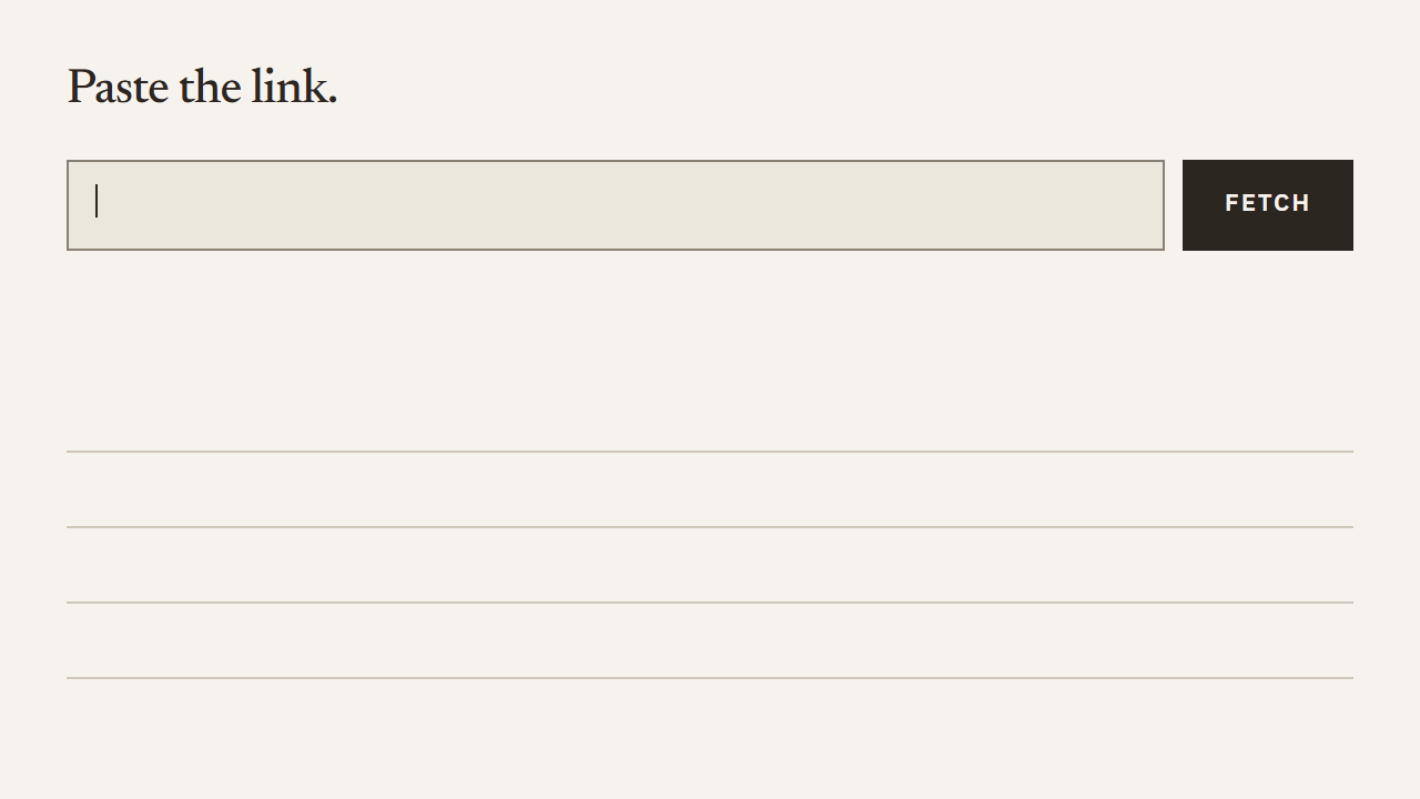 A link is typed into the field, Fetch is pressed, and four MP4 qualities appear with their file sizes: 720p at 92.1 MB, 480p at 39.4 MB, 240p at 17.5 MB and 144p at 8.7 MB.